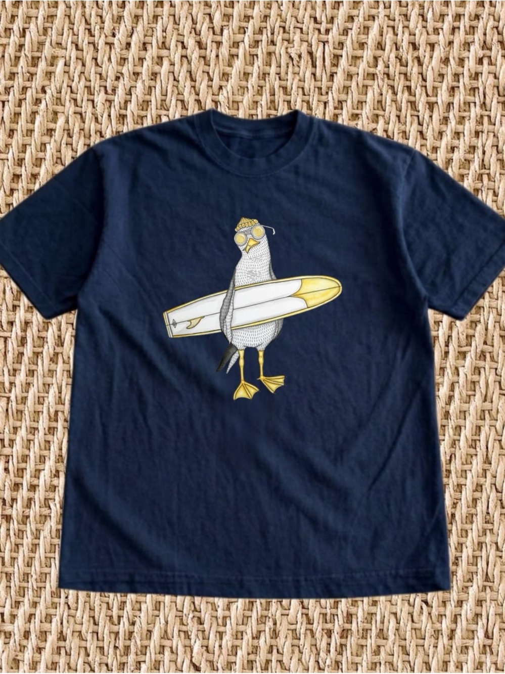 Gildan Navy Tee with Yellow Surfing Bird Graphic